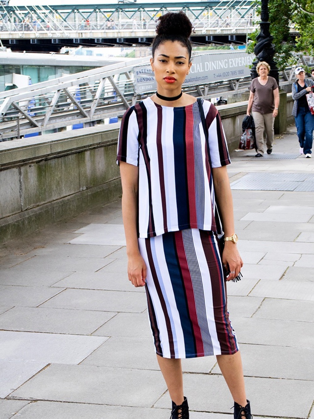 Monki Striped Midi Skirt Set in Navy, Maroon & White